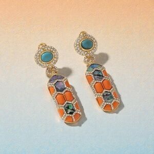 Mosaic Drop Post Earrings- Coral, Abalone & Turquoise - Gold Tone NEW